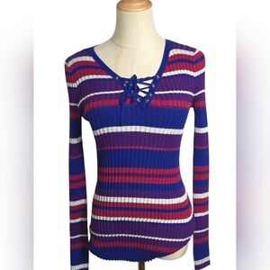Arizona Jeans Y2K Blue Striped Lace-Up Sweater